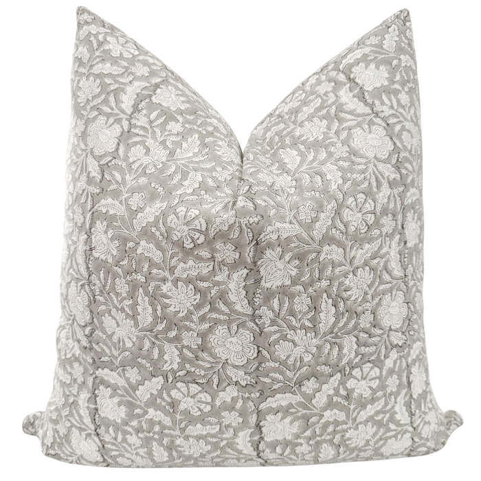 Spring Gray Flower Block Print Pillow Cover
