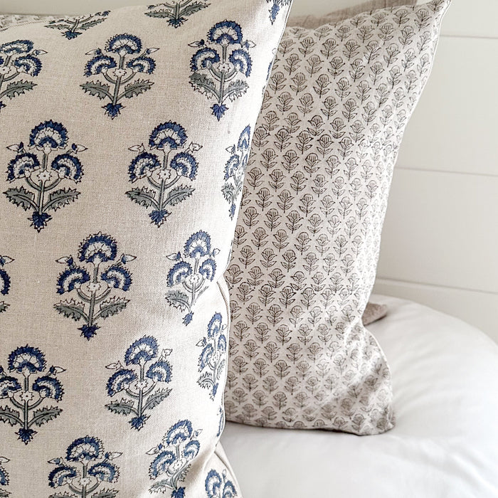 May Blue Block Print Floral Pillow Cover