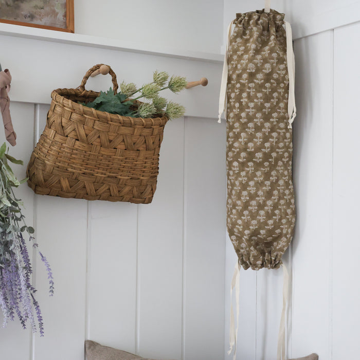 Cloth Grocery Bag Holder 'Heirloom Floral Brown Linen Block Print'