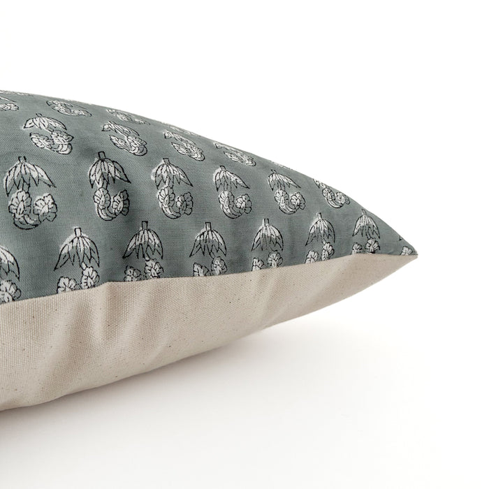 Linen Blue Floral Block Print Pillow Cover