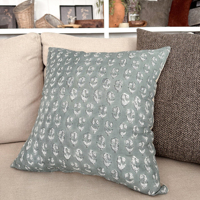 Linen Blue Floral Block Print Pillow Cover