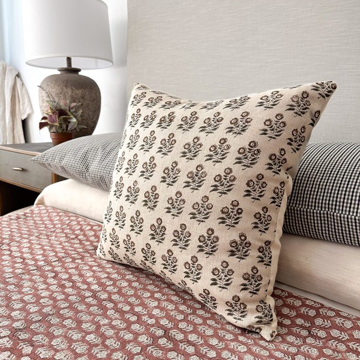 Taupe Brown Floral Block Print Pillow Cover