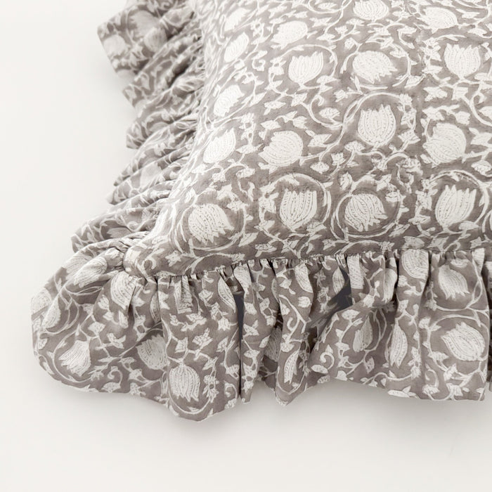 Greige Floral Ruffle Pillow Cover