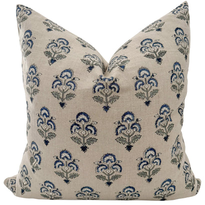 May Blue Block Print Floral Pillow Cover