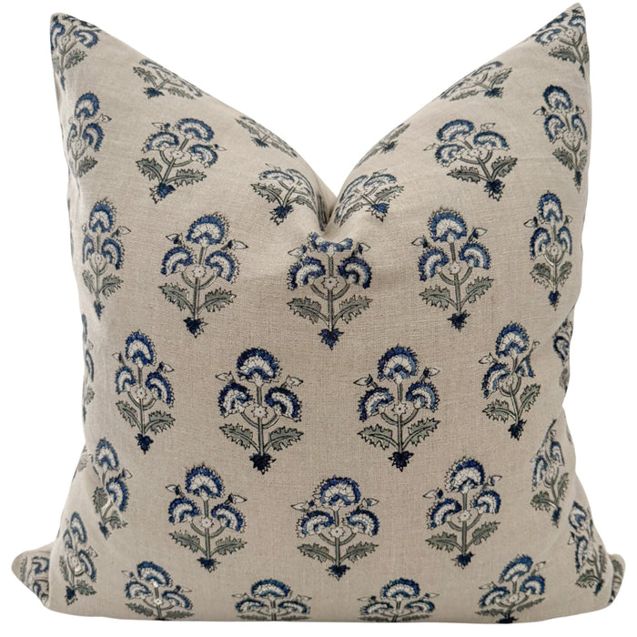 May Blue Block Print Floral Pillow Cover