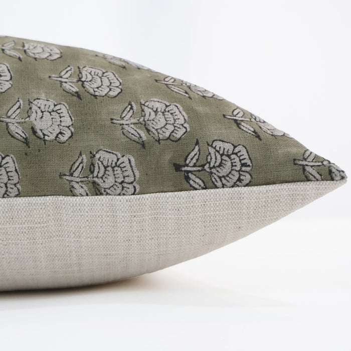 Subdued Green Floral Block Print Pillow Cover